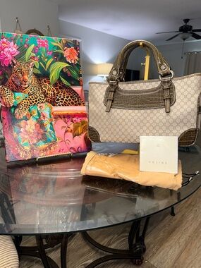 Celine RARE Beige & Brown Monogram Croc embossed Boogie Satchel